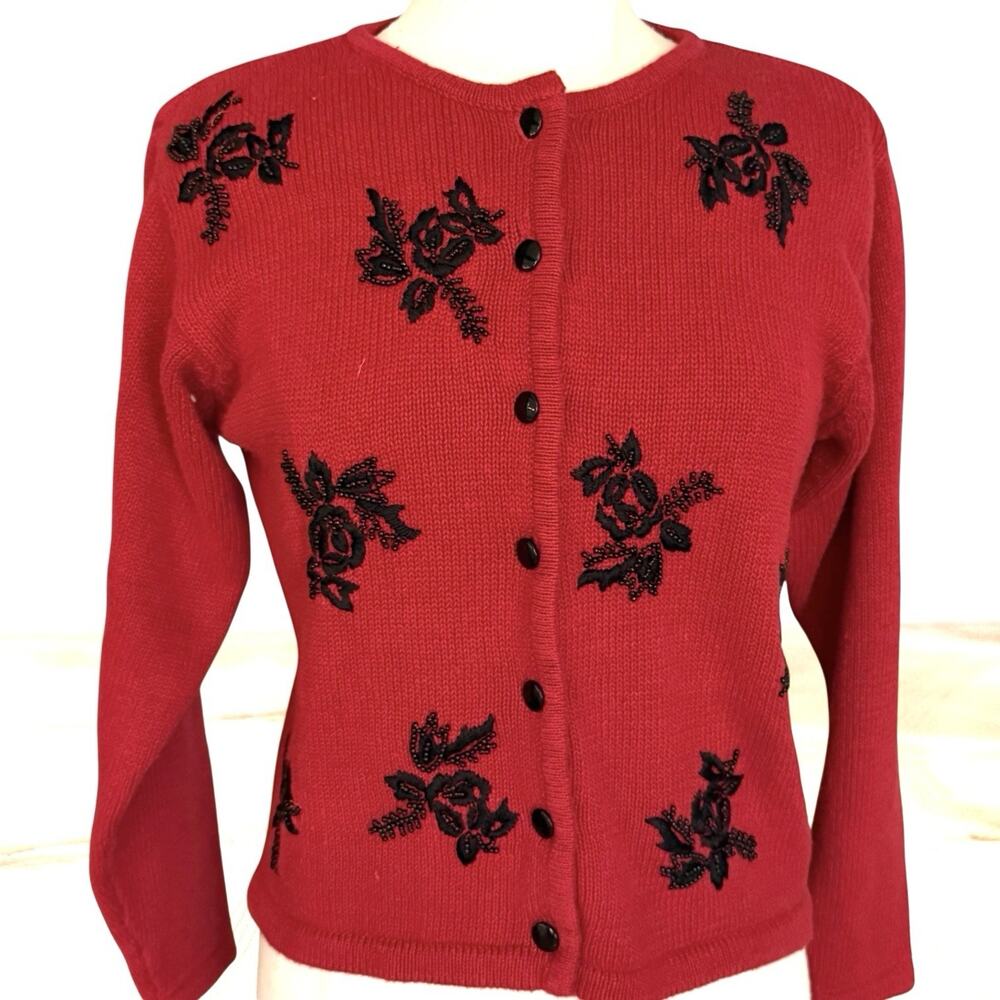 Vintage Lise J Cardigan Sweater Sz S‎ Cardinal Red Black Embroidery and Beading